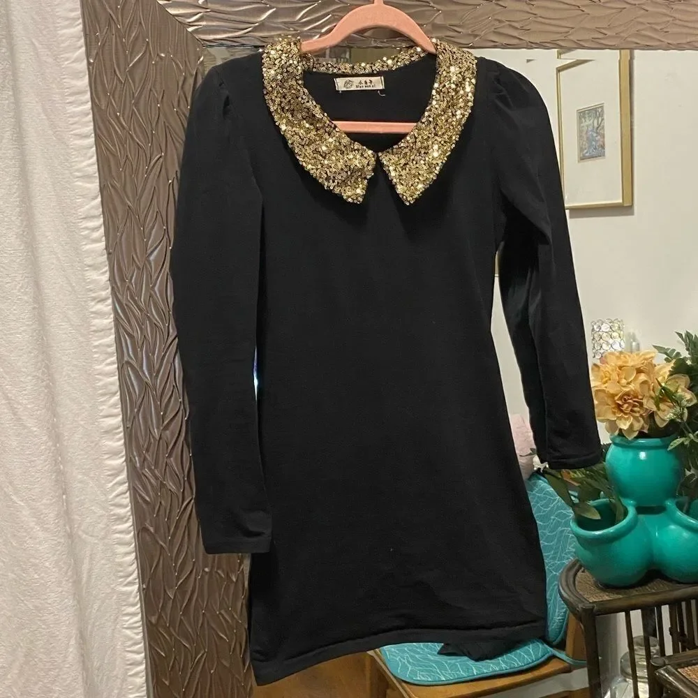 🌹 Mini Tunic Dress 🌹 With Gold Sequin Collar - Picture 5 of 5